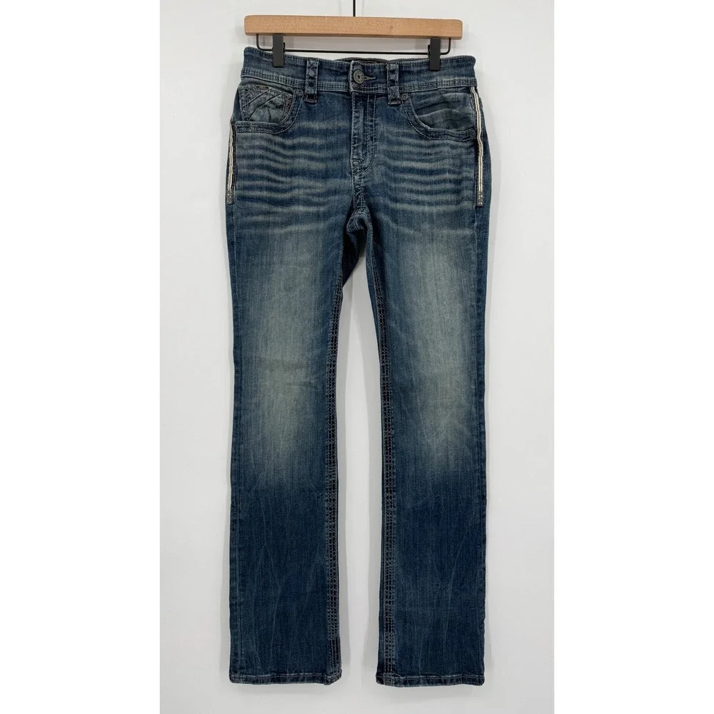 Buckle Black Jeans Mens 32L Blue Bootcut Fit No 3 BBLA374 Embroidered Pocket - Picture 2 of 12